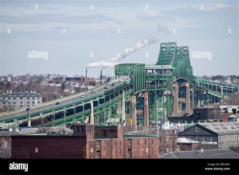 Bridge across a river, Tobin Bridge, Mystic River, Boston Harbor ...