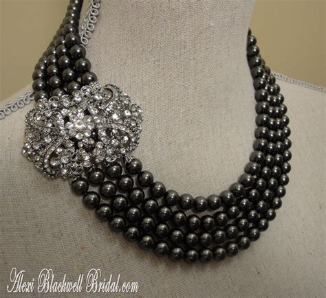 Black Pearl Necklace Set Rhinestone Brooch by AlexiBlackwellBridal