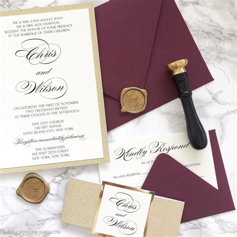 Gold Glitter Wedding Invitation with Burgundy Envelopes — CZ INVITATIONS