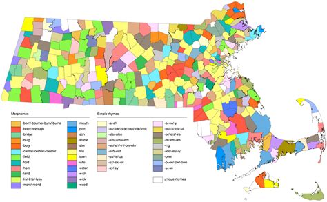 POIB: Map of Massachusetts municipalities colored by suffixes of names