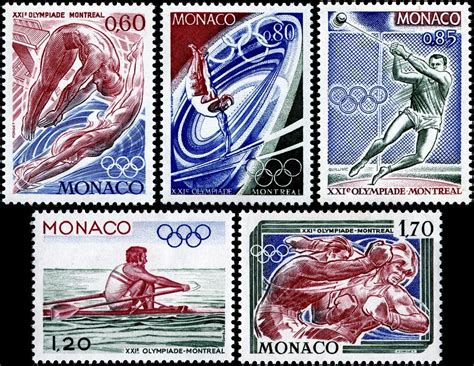 Here are images of the five engraved stamps in a set depicting Olympics sports issued by Monaco ...