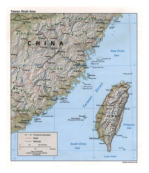 Detailed Taiwan Strait Area map with relief, roads, railroads and major cities - 1998 | Taiwan ...