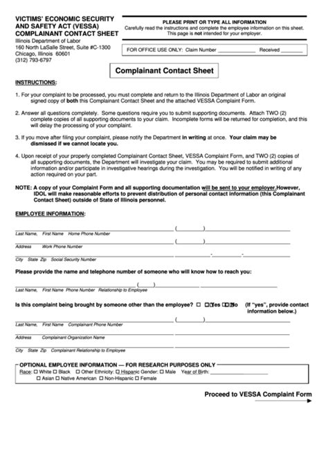 Vessa Complaint Form - Illinois Department Of Labor printable pdf download