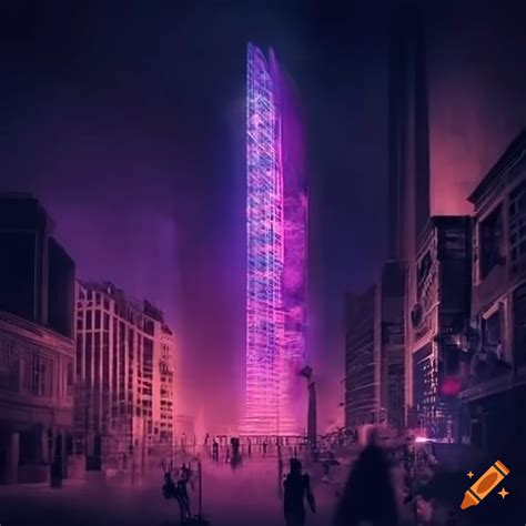 Night view of a futuristic skyscraper in a crowded urban setting on Craiyon