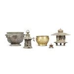 Three Japanese garden lanterns and two jardinières, Showa period, 20th ...