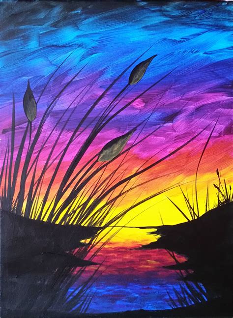 Sunset and Cattails | Simple acrylic paintings, Acrylic painting for beginners, Beginner painting