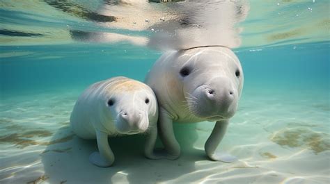 Premium AI Image | Mother Dugong Teaches Baby Dugong to Swim