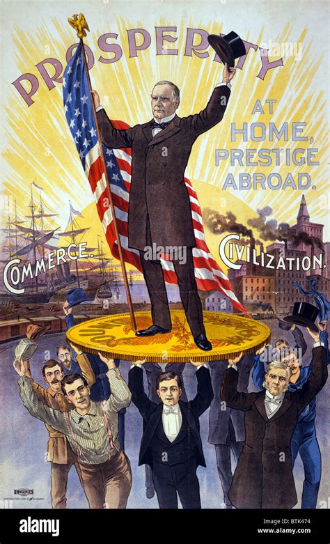 Campaign poster showing William McKinley holding U.S. flag and standing ...