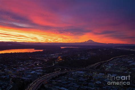 Burning Sunrise Skies Above Seattle and Mount Rainier Photograph by Mike Reid - Fine Art America