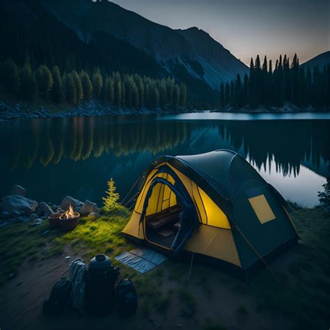 Premium AI Image | Night camp with tent campfire trees lake and mountains on background