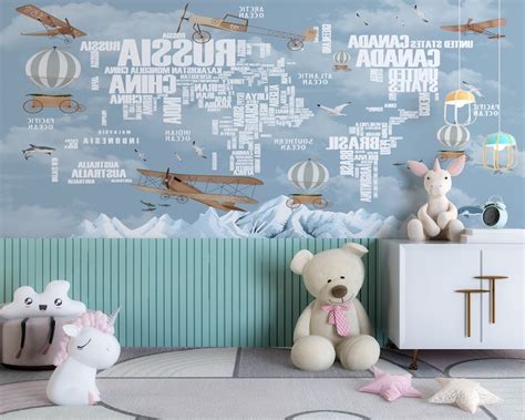 World Map for Kids Wallpaper Design World Map Country Names - Etsy
