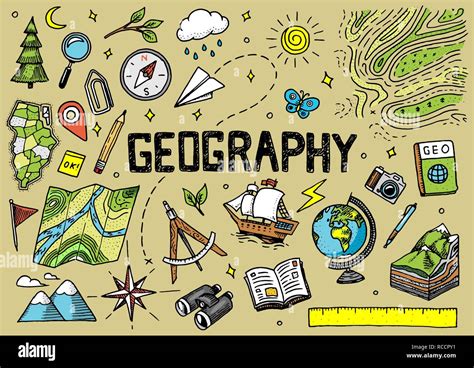 Set of geography symbols. Equipments for web banners. Vintage outline ...