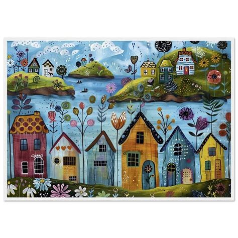 Whimsical Blekinge Archipelago Naïve Painting Print Classic Semi-glossy Paper Wooden Framed ...