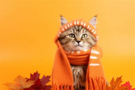 Premium AI Image | Cute Cat Dressed in a Fall Autumn Scarf and Hat on an Orange Background with ...