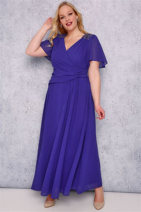 SCARLETT & JO Sapphire Blue Chiffon Maxi Dress With Embellished Shoulders, Plus size 16 to 32