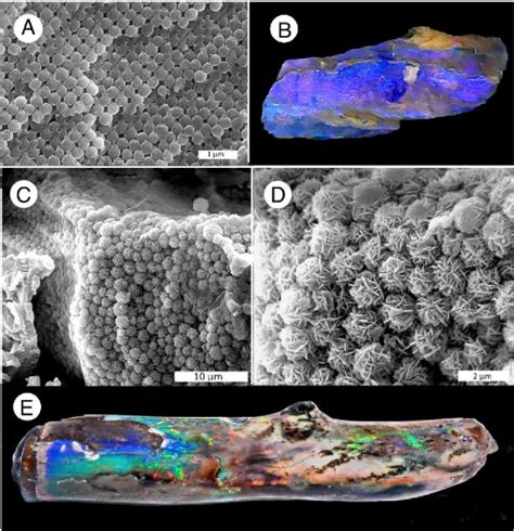 Examples of precious opal. (A). SEM image of Australian precious opal ...