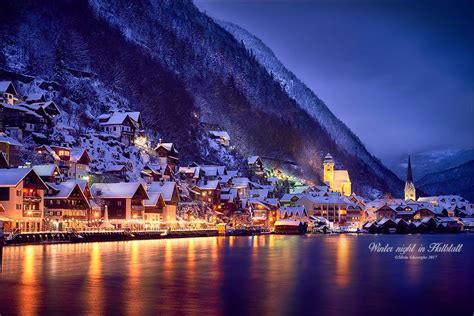 Hallstatt by night in winter, Austria