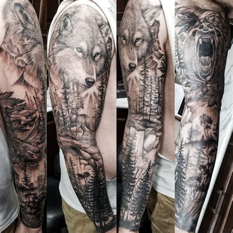 wildlife forest mountain bear wolf deer sleeve tattoo | Forest tattoo sleeve, Nature tattoo slee ...