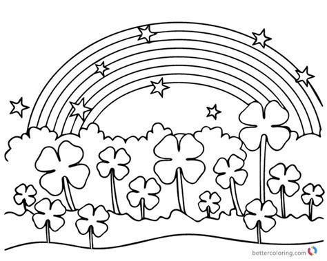 Four Leaf Clover Coloring Pages flowers under rainbow - Free Printable ...