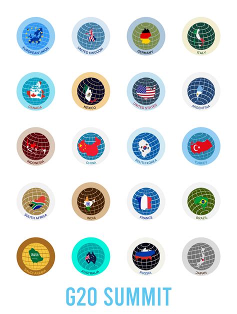 Illustration of flags and maps of the G-20 countries in the form of a logo on a globe. G20, top ...