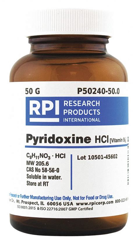 RPI Pyridoxine Hydrochloride: 50 g Container Size, Powder - 31GD15|P50240-50.0 - Grainger