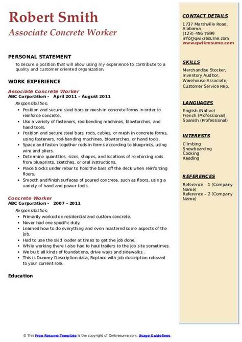 Concrete Worker Resume Samples | QwikResume