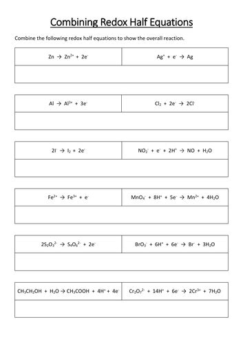 Redox Combining Half Equations Worksheet | Teaching Resources