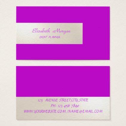 two business cards with purple and silver foil on the front, one is for an event planner