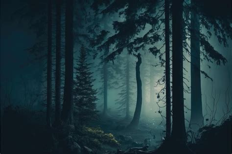 Premium Photo | Enigmatic foggy forest at night