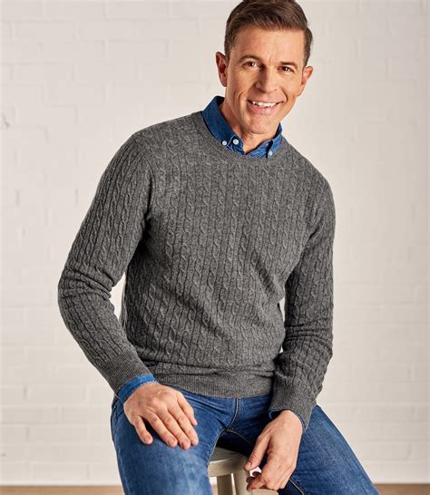 Charcoal | Mens Cashmere & Merino Cable Crew Neck Sweater | WoolOvers US