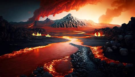 Premium AI Image | Lava filed in front of volcano eruption Lava flow ...