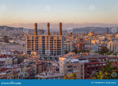 Barcelona City Skyline at Sunset Stock Photo - Image of destination ...