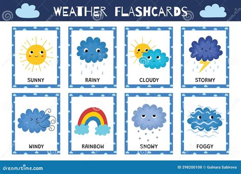 Cute Weather Flashcards Collection. Flash Cards Set with Funny Sun and Cloud Characters Stock ...