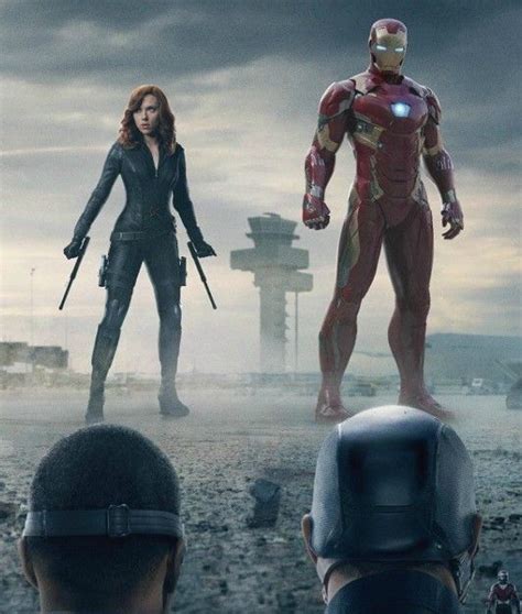 iron man and black widow standing in front of an image of the avengers movie scene