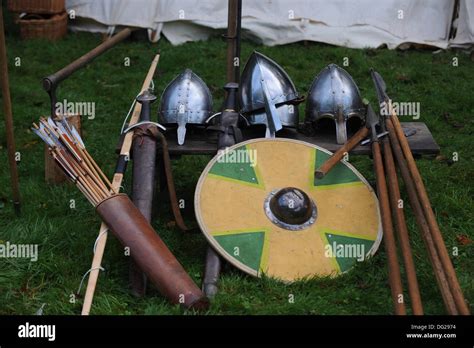 Saxon weaponry during the 1066 weekend at Battle Abbey in East Sussex ...