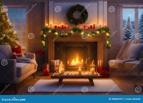 Christmas Trees and the Comforting Ambiance of the Fireplace Scene Stock Illustration ...