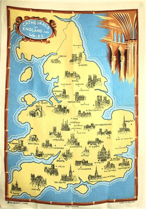 Cathedrals of England and Wales Tea Towel - Vintage Mid Century Map Pure Irish Linen - New Old ...