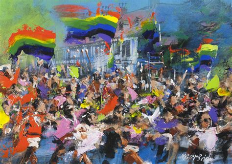 Original landscape painting impression of a Gay Parade complete with flags and bold colour ...