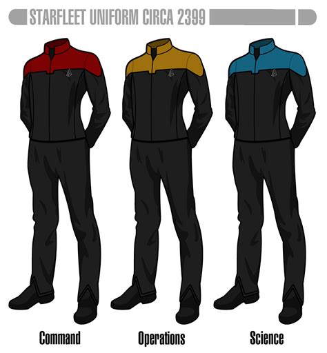 the star trek uniform is shown in three different colors