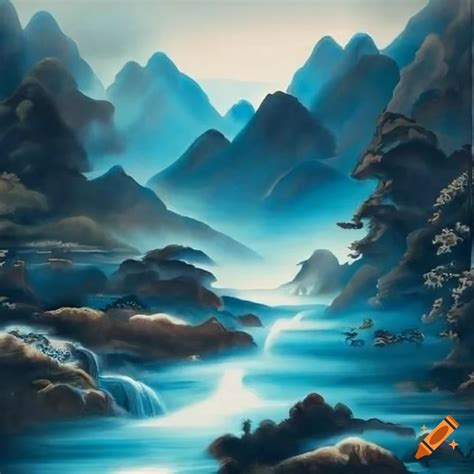 A serene chinese landscape painting with flowing rivers and mountains on Craiyon