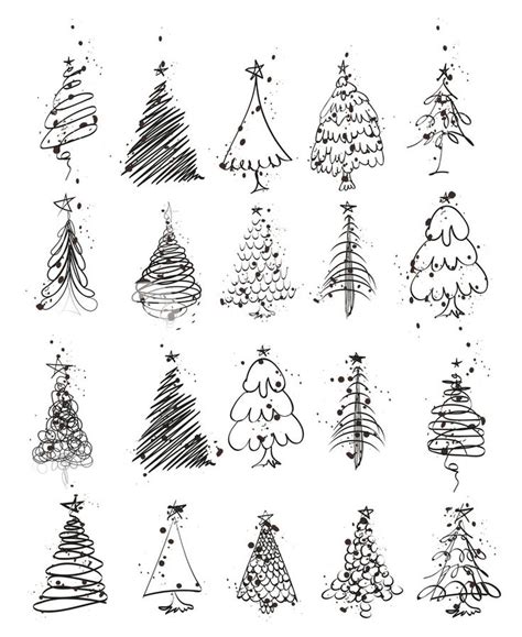 Hand drawn Christmas tree. Set of sketched illustrations of firs. Green ...