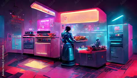 Cyberpunk robot in futuristic kitchen design illustration Stock Illustration | Adobe Stock