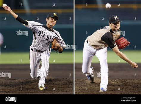 NISHINOMIYA, Japan - Shintaro Fujinami of the Hanshin Tigers (L) and ...