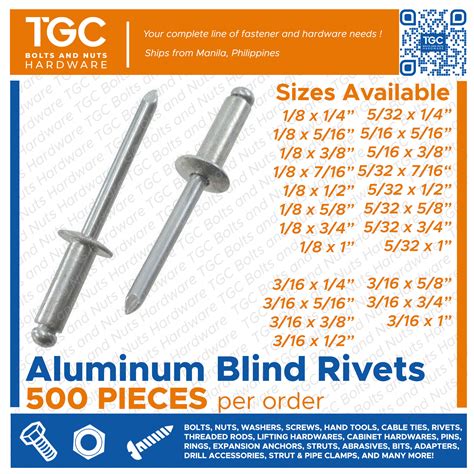 500 PCS Aluminum Blind Rivets 1/8 inches up to 3/16 or Pop Rivets TGC ...