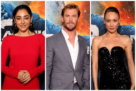 Chris Hemsworth, Golshifteh Farahani and Olga Kurylenko at the EXTRACTION 2 Madrid Premiere ...