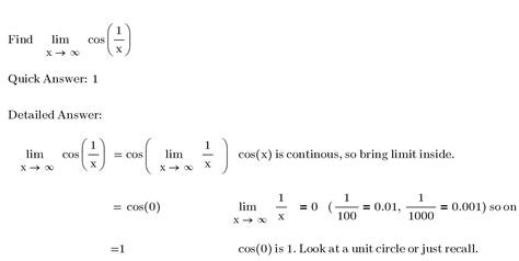 Step by step directions for finding the limit of cos(1/x) as x goes to infinity – Calculus Coaches