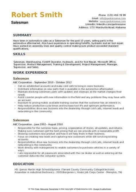 Salesman Resume Samples | QwikResume