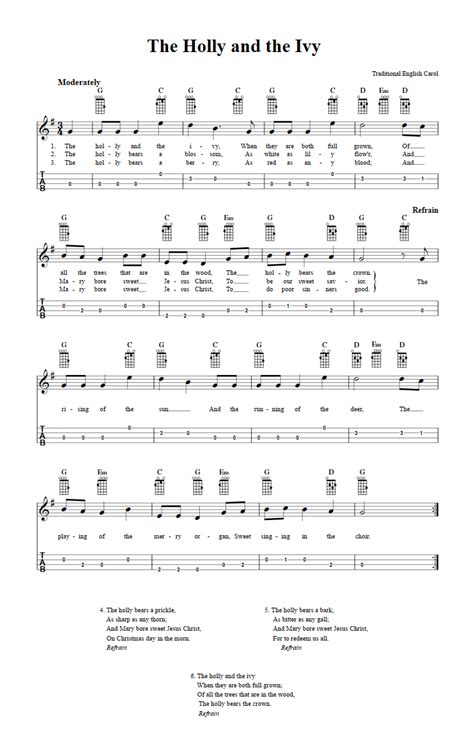 The Holly and the Ivy: Chords, Sheet Music, and Tab for Baritone Ukulele with Lyrics