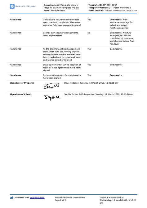 Construction project handover document sample to use or copy