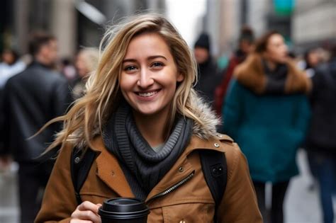 Premium AI Image | A young woman holds a craft disposable glass of coffee in her hand Neural ...